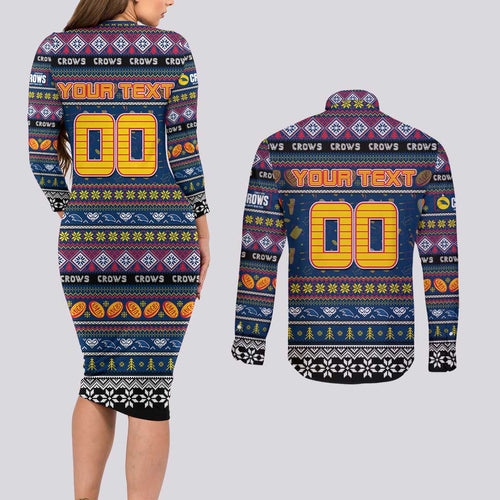 Personalized Crows Rugby Xmas Couples Matching Long Sleeve Bodycon Dress and Long Sleeve Button Shirt Australia AFL Mascot