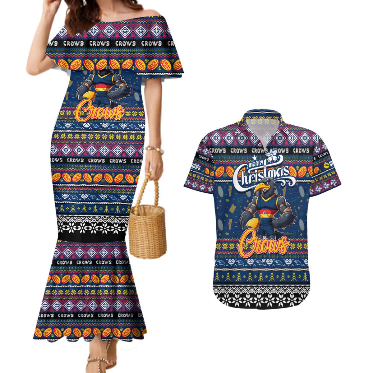 Personalized Crows Rugby Xmas Couples Matching Mermaid Dress and Hawaiian Shirt Australia AFL Mascot
