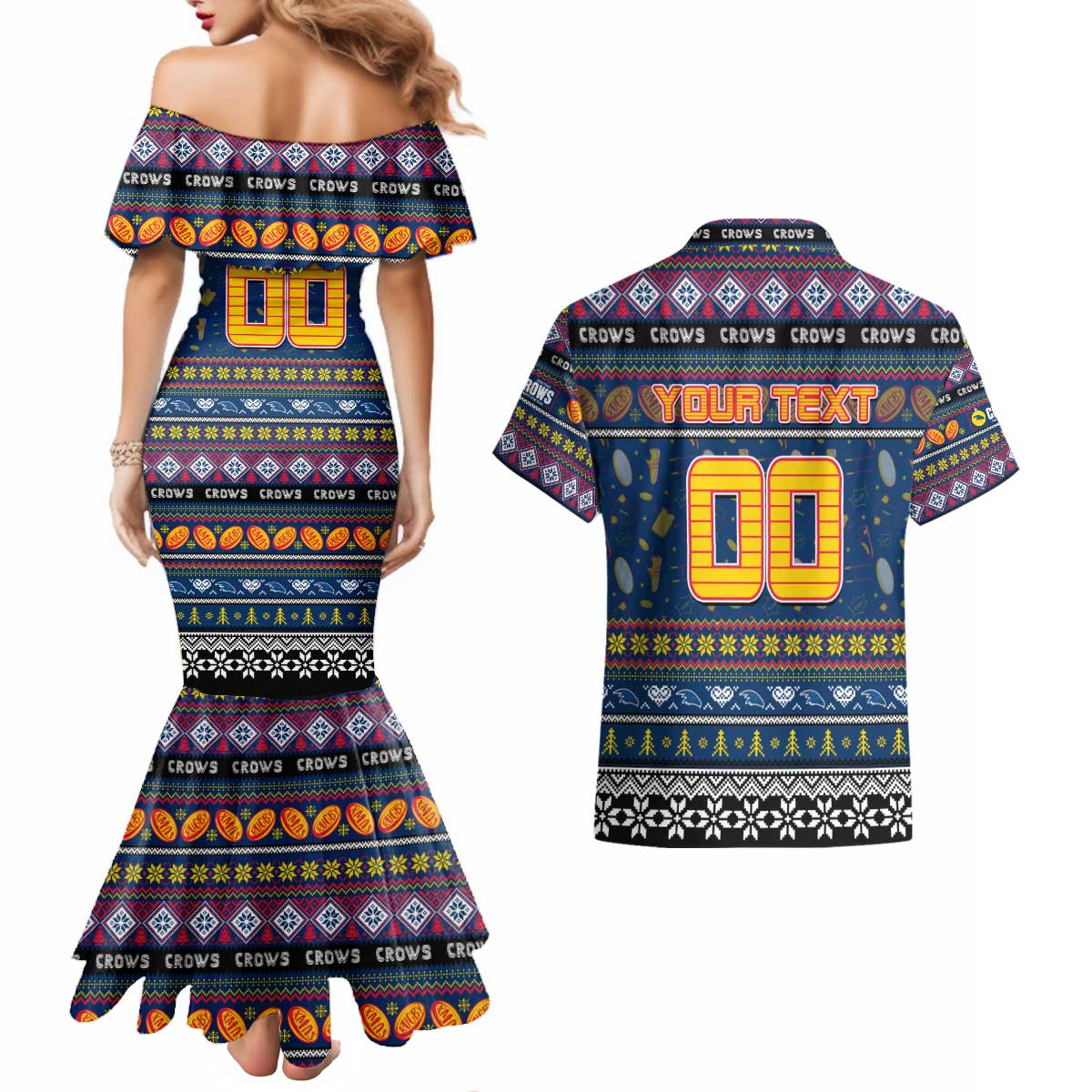 Personalized Crows Rugby Xmas Couples Matching Mermaid Dress and Hawaiian Shirt Australia AFL Mascot