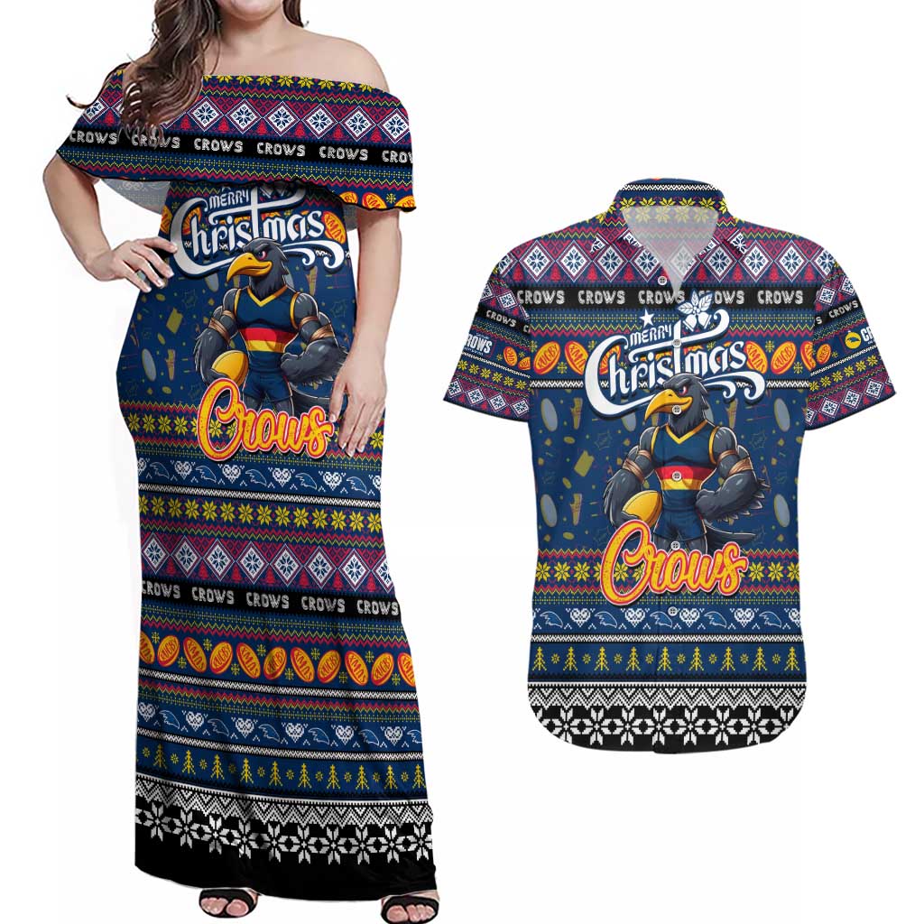 Personalized Crows Rugby Xmas Couples Matching Off Shoulder Maxi Dress and Hawaiian Shirt Australia AFL Mascot