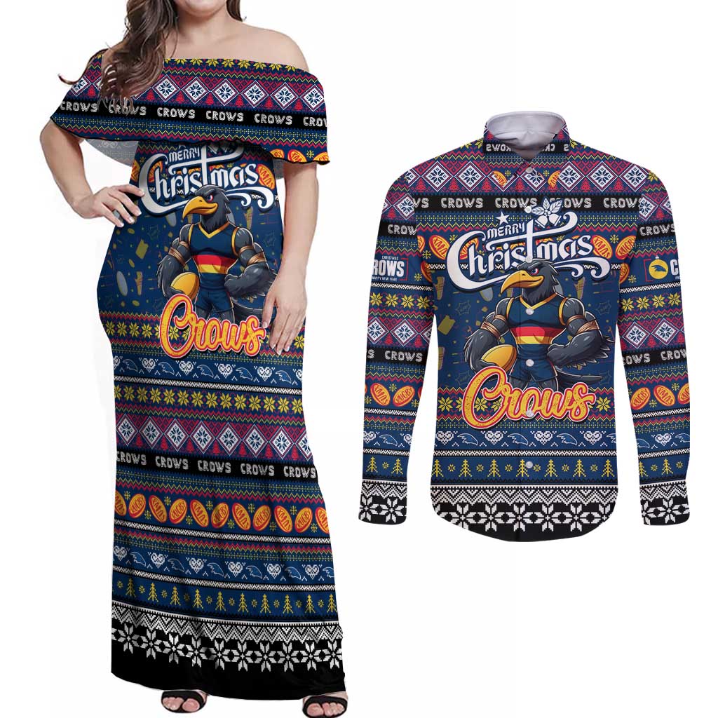Personalized Crows Rugby Xmas Couples Matching Off Shoulder Maxi Dress and Long Sleeve Button Shirt Australia AFL Mascot