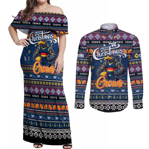 Personalized Crows Rugby Xmas Couples Matching Off Shoulder Maxi Dress and Long Sleeve Button Shirt Australia AFL Mascot