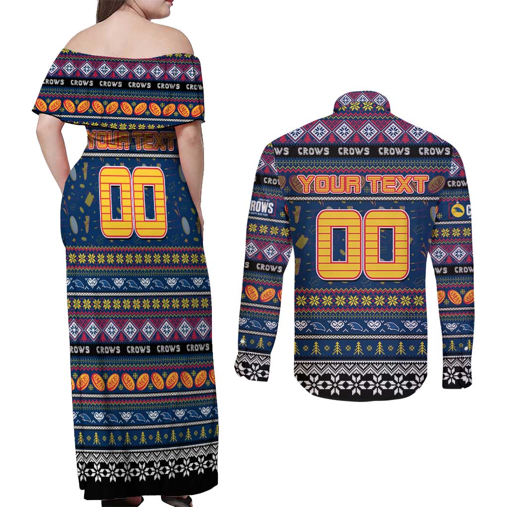 Personalized Crows Rugby Xmas Couples Matching Off Shoulder Maxi Dress and Long Sleeve Button Shirt Australia AFL Mascot