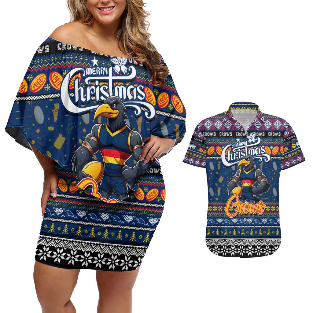 Personalized Crows Rugby Xmas Couples Matching Off Shoulder Short Dress and Hawaiian Shirt Australia AFL Mascot