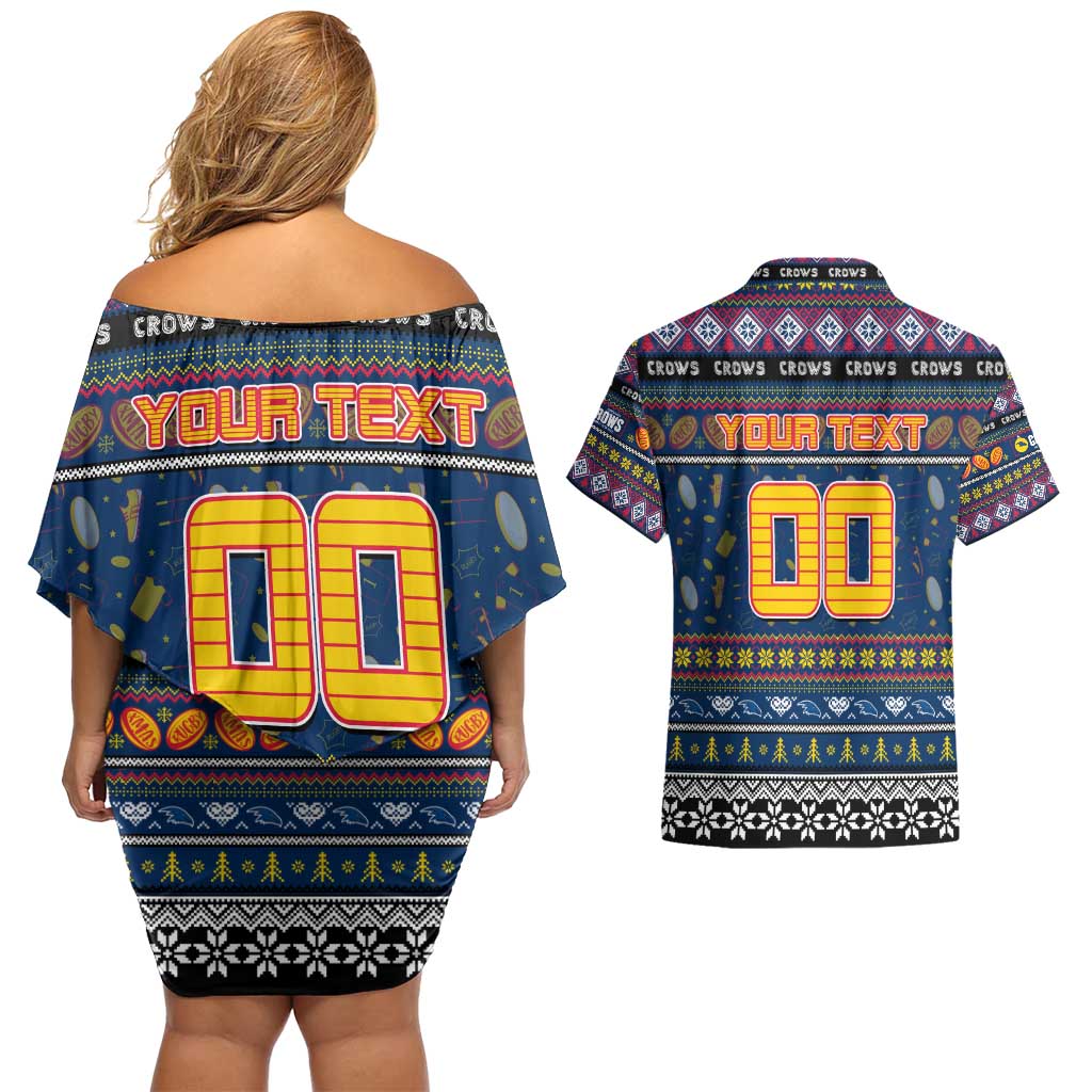 Personalized Crows Rugby Xmas Couples Matching Off Shoulder Short Dress and Hawaiian Shirt Australia AFL Mascot