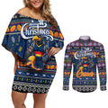 Personalized Crows Rugby Xmas Couples Matching Off Shoulder Short Dress and Long Sleeve Button Shirt Australia AFL Mascot