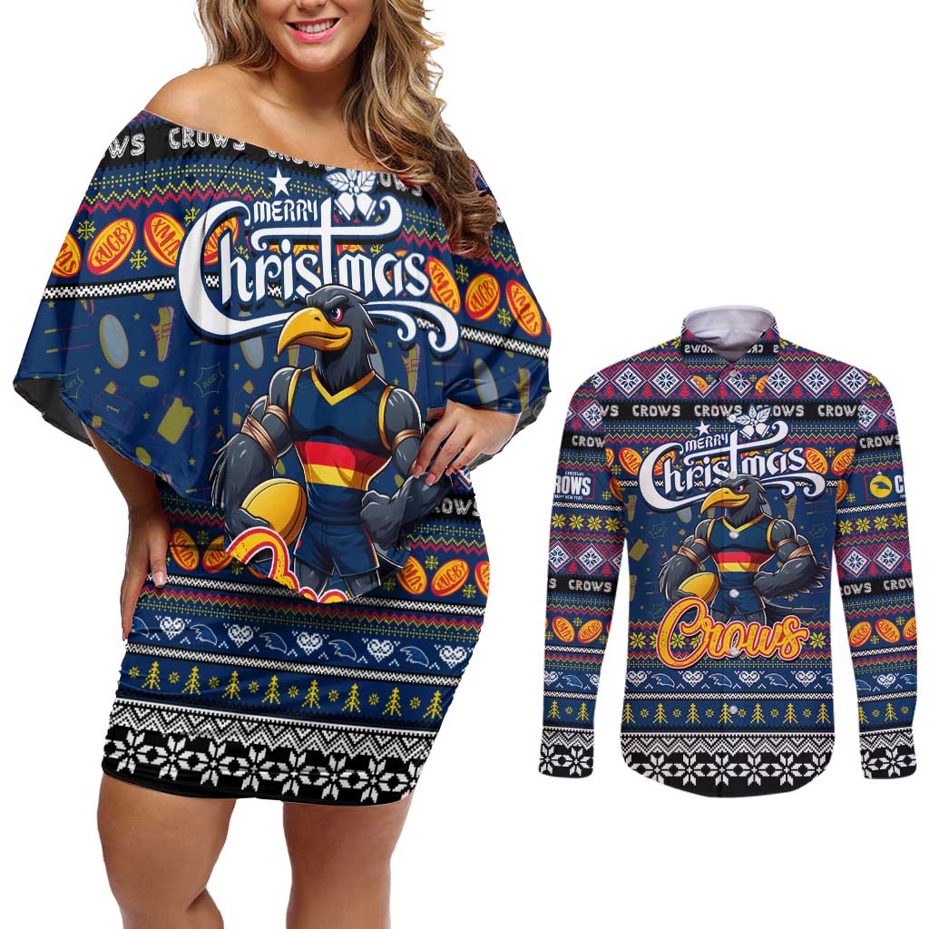Personalized Crows Rugby Xmas Couples Matching Off Shoulder Short Dress and Long Sleeve Button Shirt Australia AFL Mascot