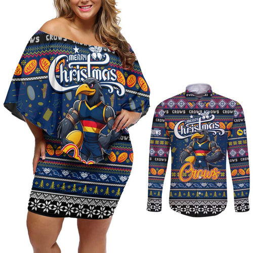 Personalized Crows Rugby Xmas Couples Matching Off Shoulder Short Dress and Long Sleeve Button Shirt Australia AFL Mascot