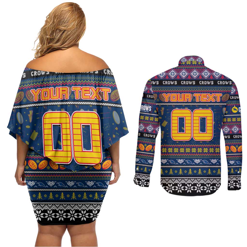 Personalized Crows Rugby Xmas Couples Matching Off Shoulder Short Dress and Long Sleeve Button Shirt Australia AFL Mascot
