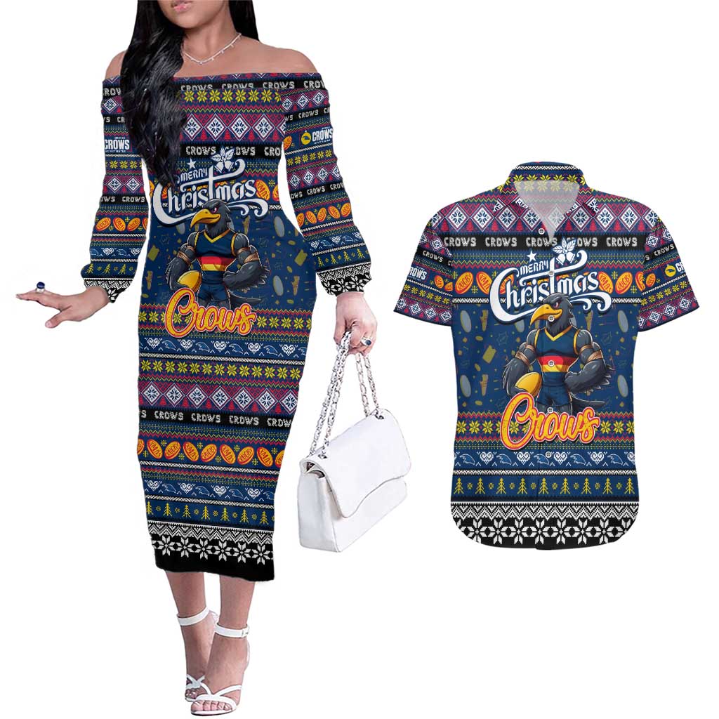 Personalized Crows Rugby Xmas Couples Matching Off The Shoulder Long Sleeve Dress and Hawaiian Shirt Australia AFL Mascot