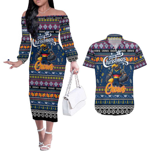 Personalized Crows Rugby Xmas Couples Matching Off The Shoulder Long Sleeve Dress and Hawaiian Shirt Australia AFL Mascot