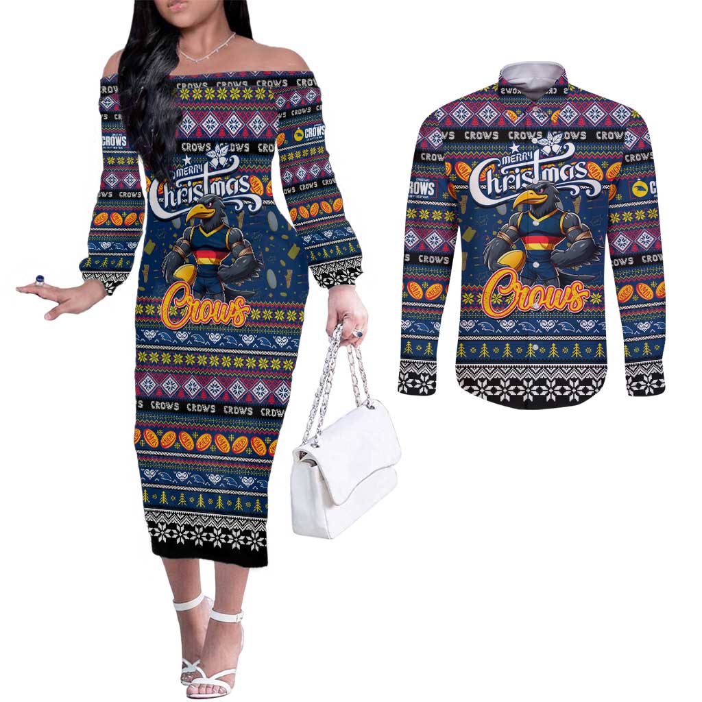 Personalized Crows Rugby Xmas Couples Matching Off The Shoulder Long Sleeve Dress and Long Sleeve Button Shirt Australia AFL Mascot