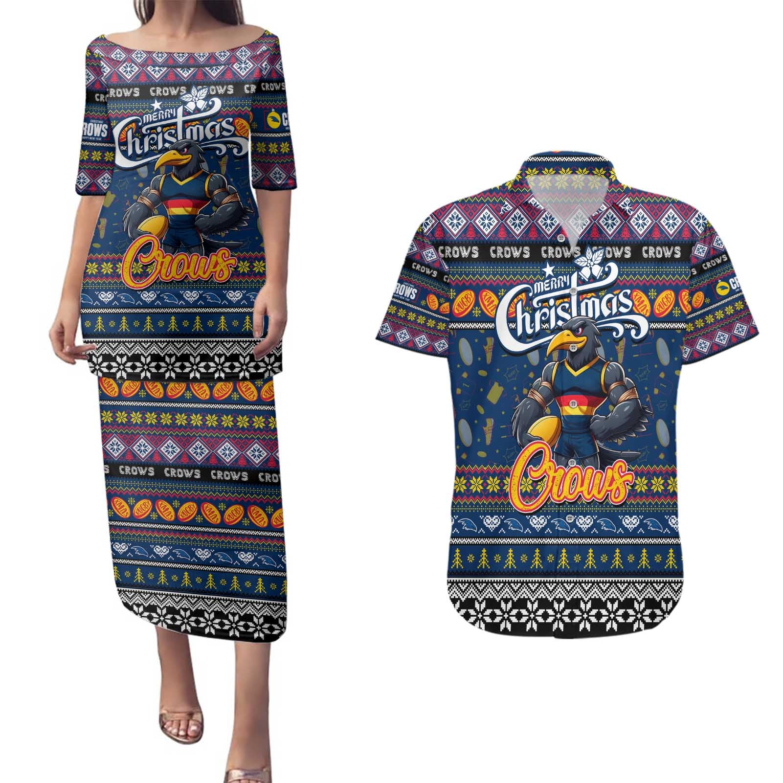 Personalized Crows Rugby Xmas Couples Matching Puletasi and Hawaiian Shirt Australia AFL Mascot