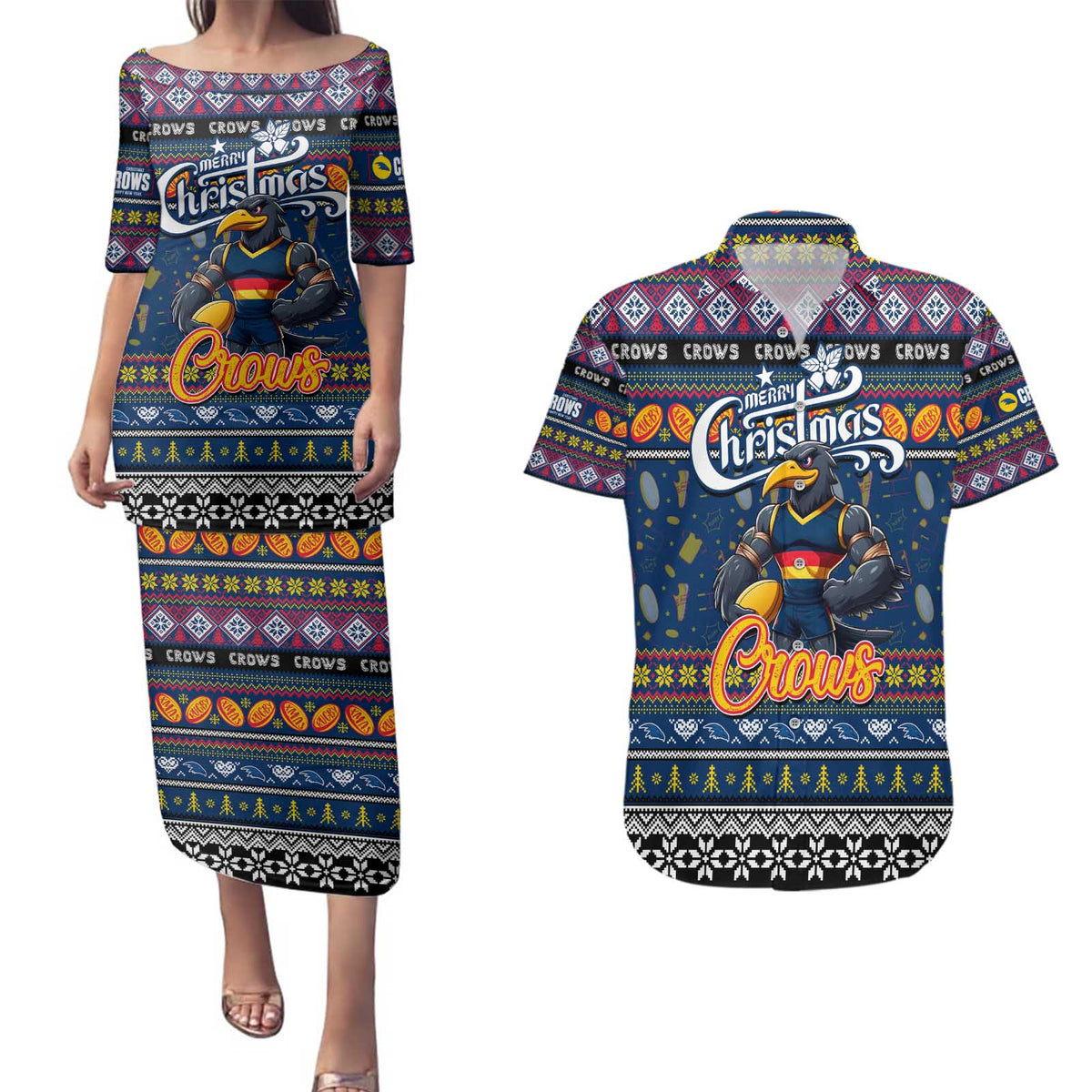 Personalized Crows Rugby Xmas Couples Matching Puletasi and Hawaiian Shirt Australia AFL Mascot