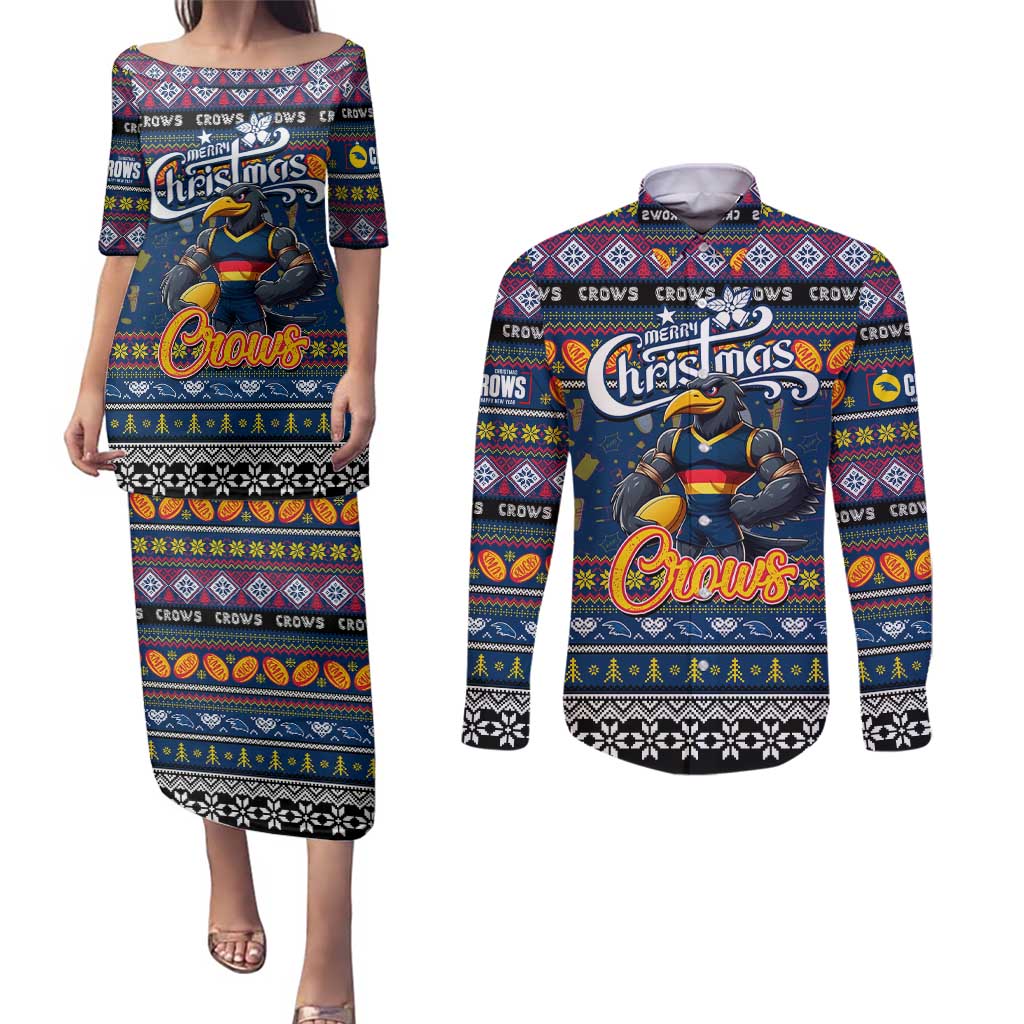 Personalized Crows Rugby Xmas Couples Matching Puletasi and Long Sleeve Button Shirt Australia AFL Mascot
