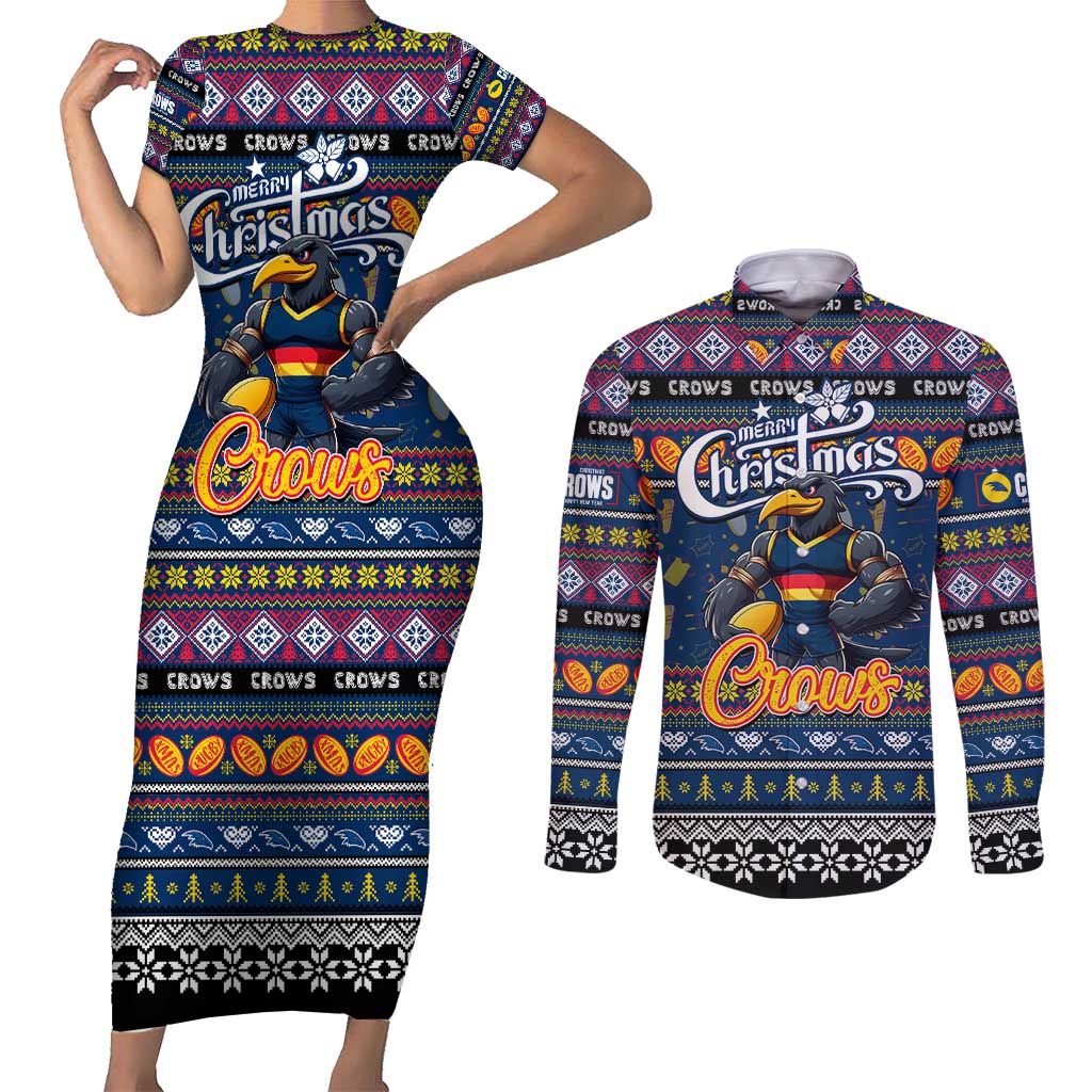 Personalized Crows Rugby Xmas Couples Matching Short Sleeve Bodycon Dress and Long Sleeve Button Shirt Australia AFL Mascot
