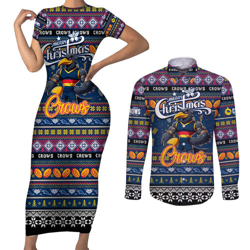 Personalized Crows Rugby Xmas Couples Matching Short Sleeve Bodycon Dress and Long Sleeve Button Shirt Australia AFL Mascot