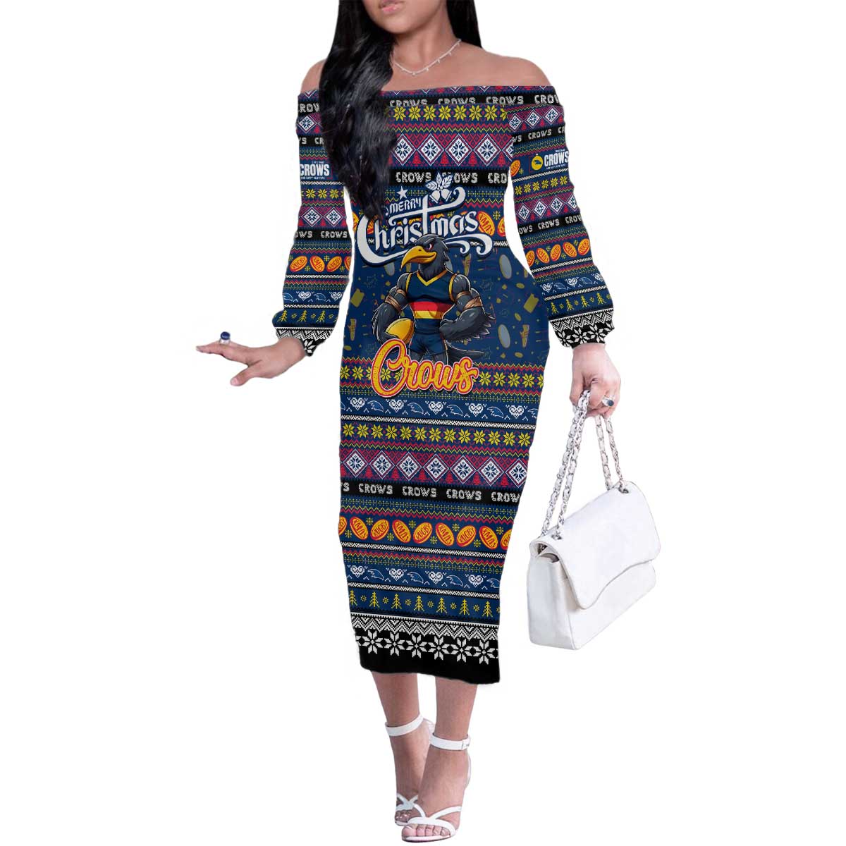 Personalized Crows Rugby Xmas Family Matching Off The Shoulder Long Sleeve Dress and Hawaiian Shirt Australia AFL Mascot