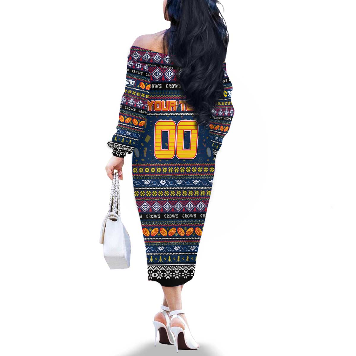 Personalized Crows Rugby Xmas Family Matching Off The Shoulder Long Sleeve Dress and Hawaiian Shirt Australia AFL Mascot