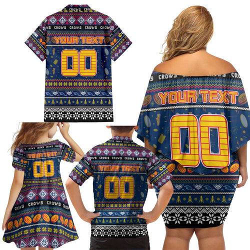Personalized Crows Rugby Xmas Family Matching Off Shoulder Short Dress and Hawaiian Shirt Australia AFL Mascot