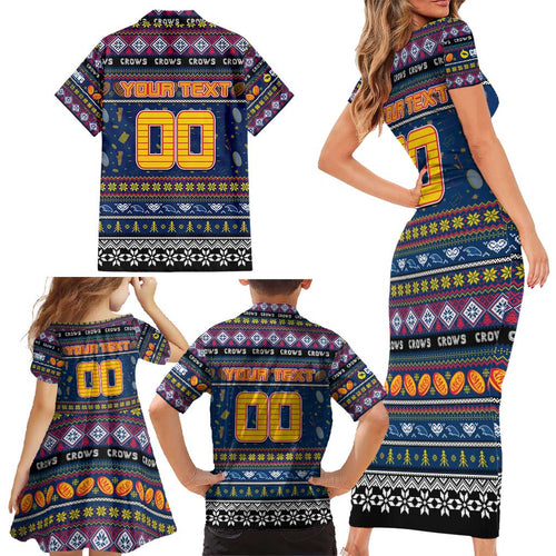 Personalized Crows Rugby Xmas Family Matching Short Sleeve Bodycon Dress and Hawaiian Shirt Australia AFL Mascot
