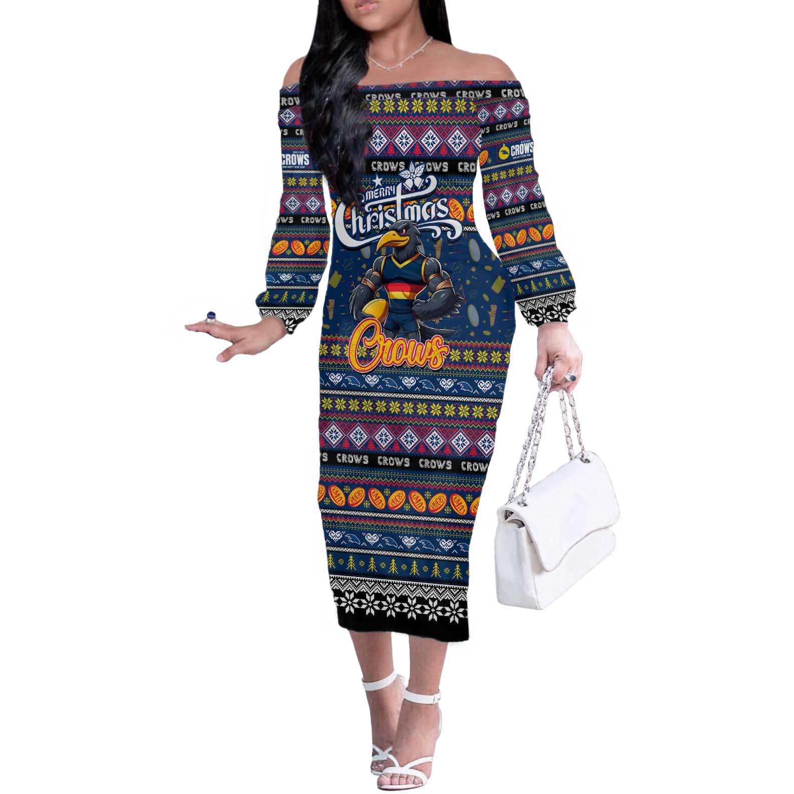 Personalized Crows Rugby Xmas Off The Shoulder Long Sleeve Dress Australia AFL Mascot