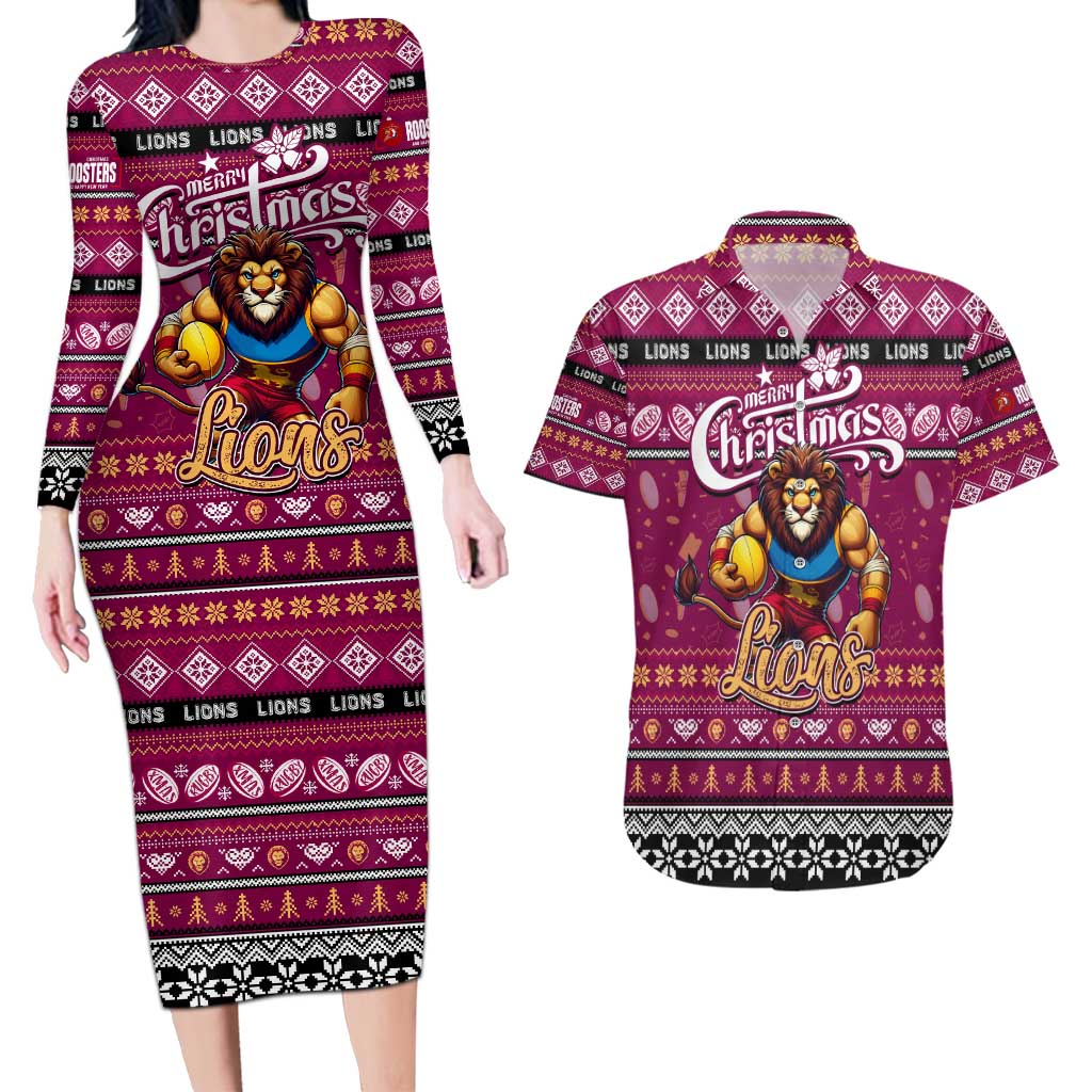 Personalized Lions Rugby Xmas Couples Matching Long Sleeve Bodycon Dress and Hawaiian Shirt Australia AFL Mascot