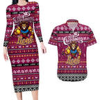 Personalized Lions Rugby Xmas Couples Matching Long Sleeve Bodycon Dress and Hawaiian Shirt Australia AFL Mascot