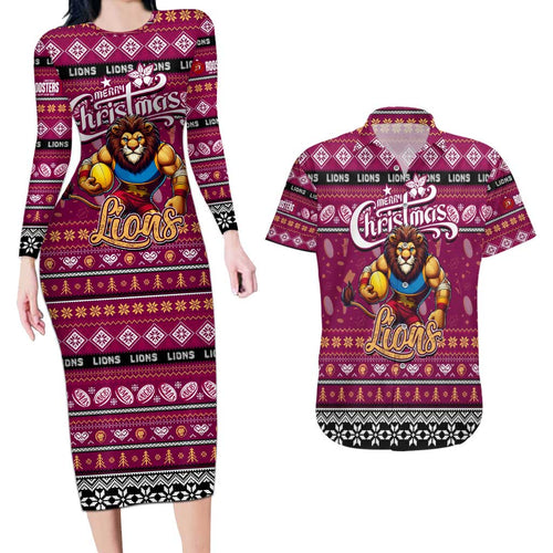 Personalized Lions Rugby Xmas Couples Matching Long Sleeve Bodycon Dress and Hawaiian Shirt Australia AFL Mascot
