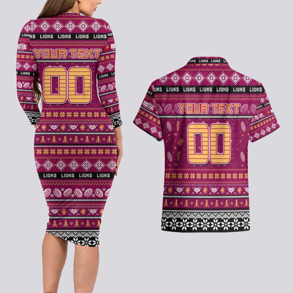 Personalized Lions Rugby Xmas Couples Matching Long Sleeve Bodycon Dress and Hawaiian Shirt Australia AFL Mascot