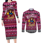Personalized Lions Rugby Xmas Couples Matching Long Sleeve Bodycon Dress and Long Sleeve Button Shirt Australia AFL Mascot