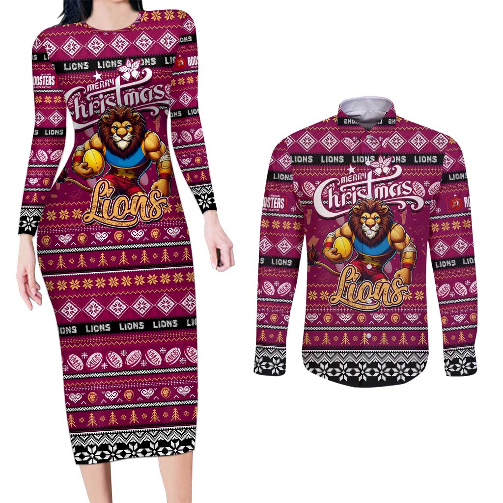 Personalized Lions Rugby Xmas Couples Matching Long Sleeve Bodycon Dress and Long Sleeve Button Shirt Australia AFL Mascot