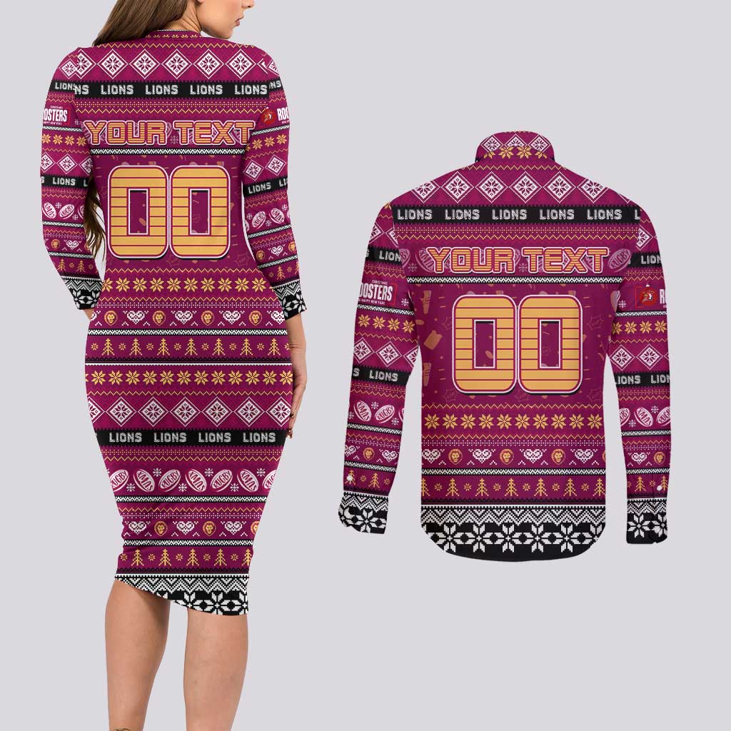 Personalized Lions Rugby Xmas Couples Matching Long Sleeve Bodycon Dress and Long Sleeve Button Shirt Australia AFL Mascot