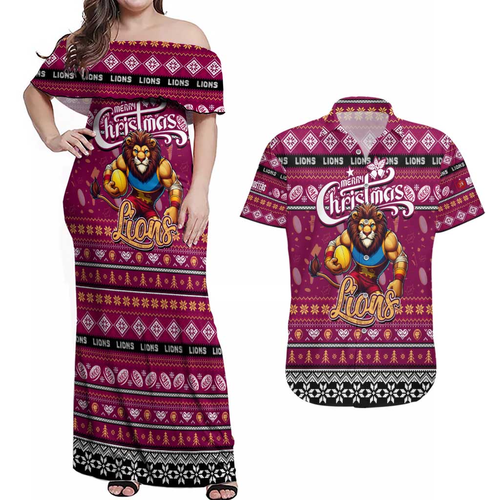 Personalized Lions Rugby Xmas Couples Matching Off Shoulder Maxi Dress and Hawaiian Shirt Australia AFL Mascot