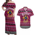 Personalized Lions Rugby Xmas Couples Matching Off Shoulder Maxi Dress and Hawaiian Shirt Australia AFL Mascot