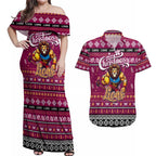 Personalized Lions Rugby Xmas Couples Matching Off Shoulder Maxi Dress and Hawaiian Shirt Australia AFL Mascot