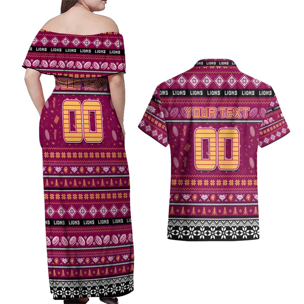 Personalized Lions Rugby Xmas Couples Matching Off Shoulder Maxi Dress and Hawaiian Shirt Australia AFL Mascot