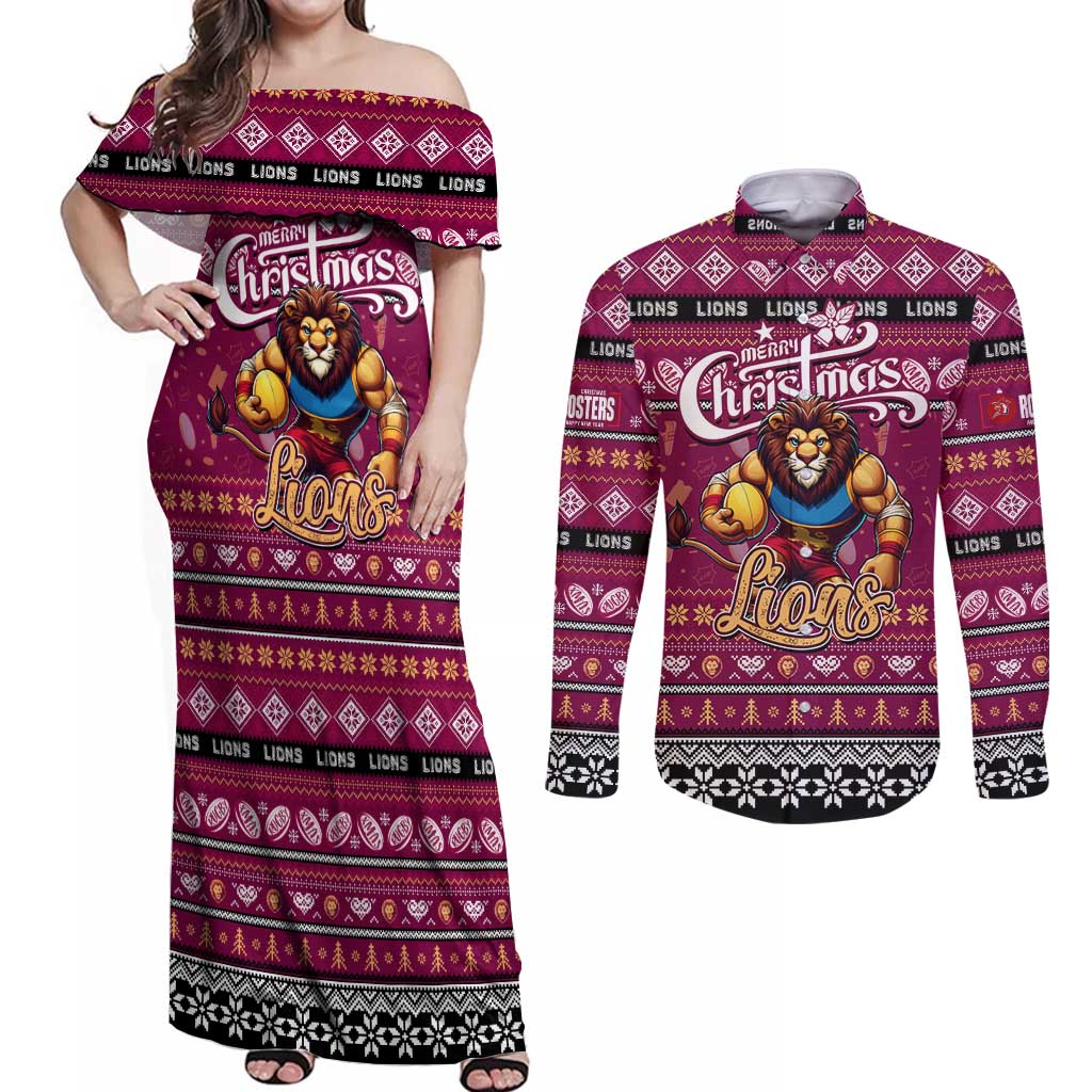 Personalized Lions Rugby Xmas Couples Matching Off Shoulder Maxi Dress and Long Sleeve Button Shirt Australia AFL Mascot