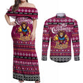 Personalized Lions Rugby Xmas Couples Matching Off Shoulder Maxi Dress and Long Sleeve Button Shirt Australia AFL Mascot
