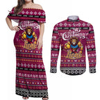Personalized Lions Rugby Xmas Couples Matching Off Shoulder Maxi Dress and Long Sleeve Button Shirt Australia AFL Mascot