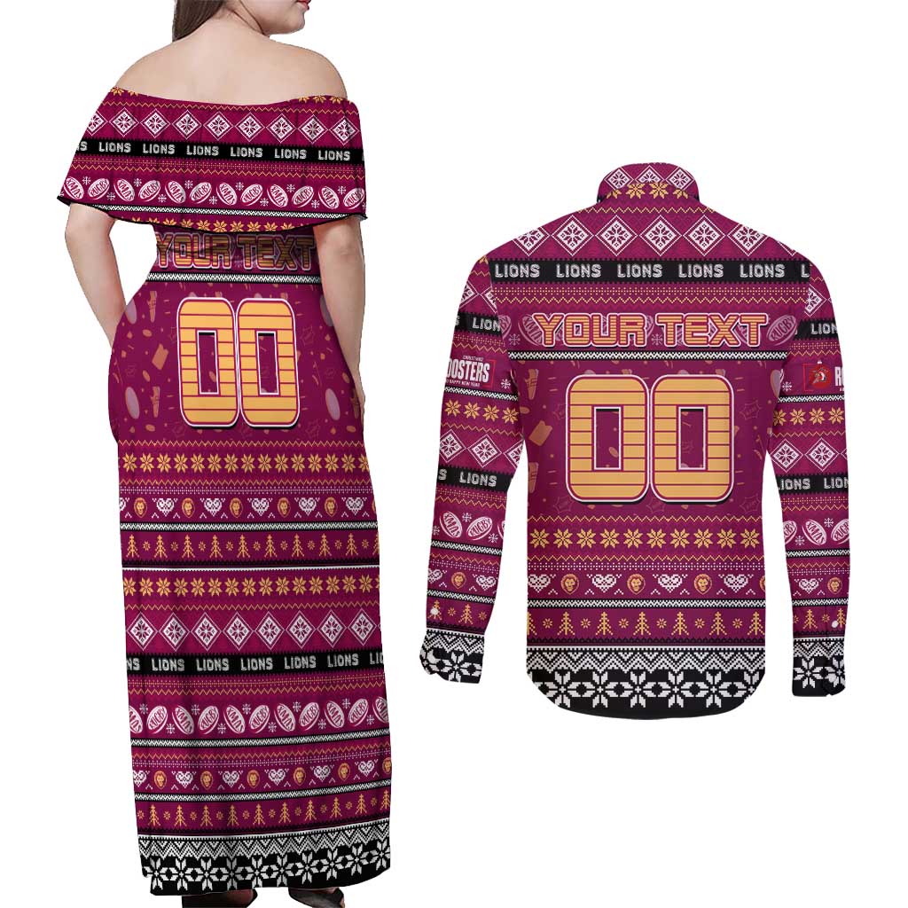 Personalized Lions Rugby Xmas Couples Matching Off Shoulder Maxi Dress and Long Sleeve Button Shirt Australia AFL Mascot