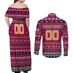 Personalized Lions Rugby Xmas Couples Matching Off Shoulder Maxi Dress and Long Sleeve Button Shirt Australia AFL Mascot