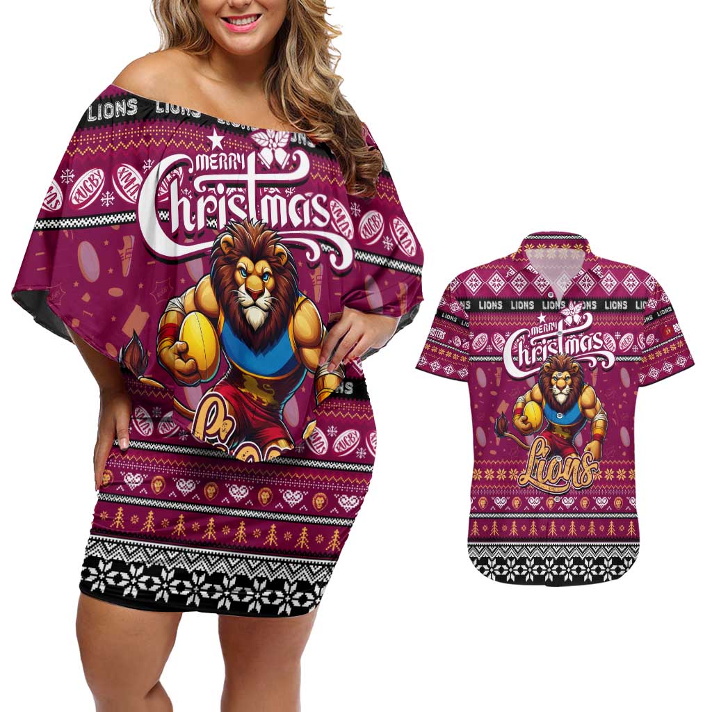 Personalized Lions Rugby Xmas Couples Matching Off Shoulder Short Dress and Hawaiian Shirt Australia AFL Mascot