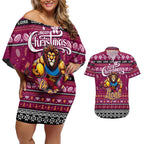 Personalized Lions Rugby Xmas Couples Matching Off Shoulder Short Dress and Hawaiian Shirt Australia AFL Mascot