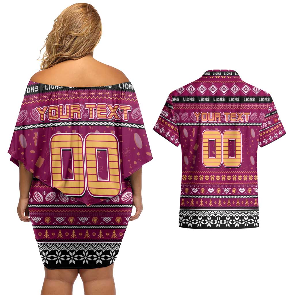 Personalized Lions Rugby Xmas Couples Matching Off Shoulder Short Dress and Hawaiian Shirt Australia AFL Mascot