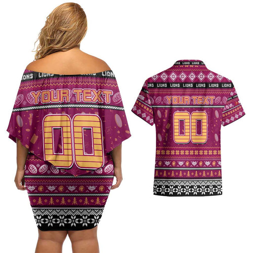 Personalized Lions Rugby Xmas Couples Matching Off Shoulder Short Dress and Hawaiian Shirt Australia AFL Mascot