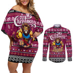 Personalized Lions Rugby Xmas Couples Matching Off Shoulder Short Dress and Long Sleeve Button Shirt Australia AFL Mascot