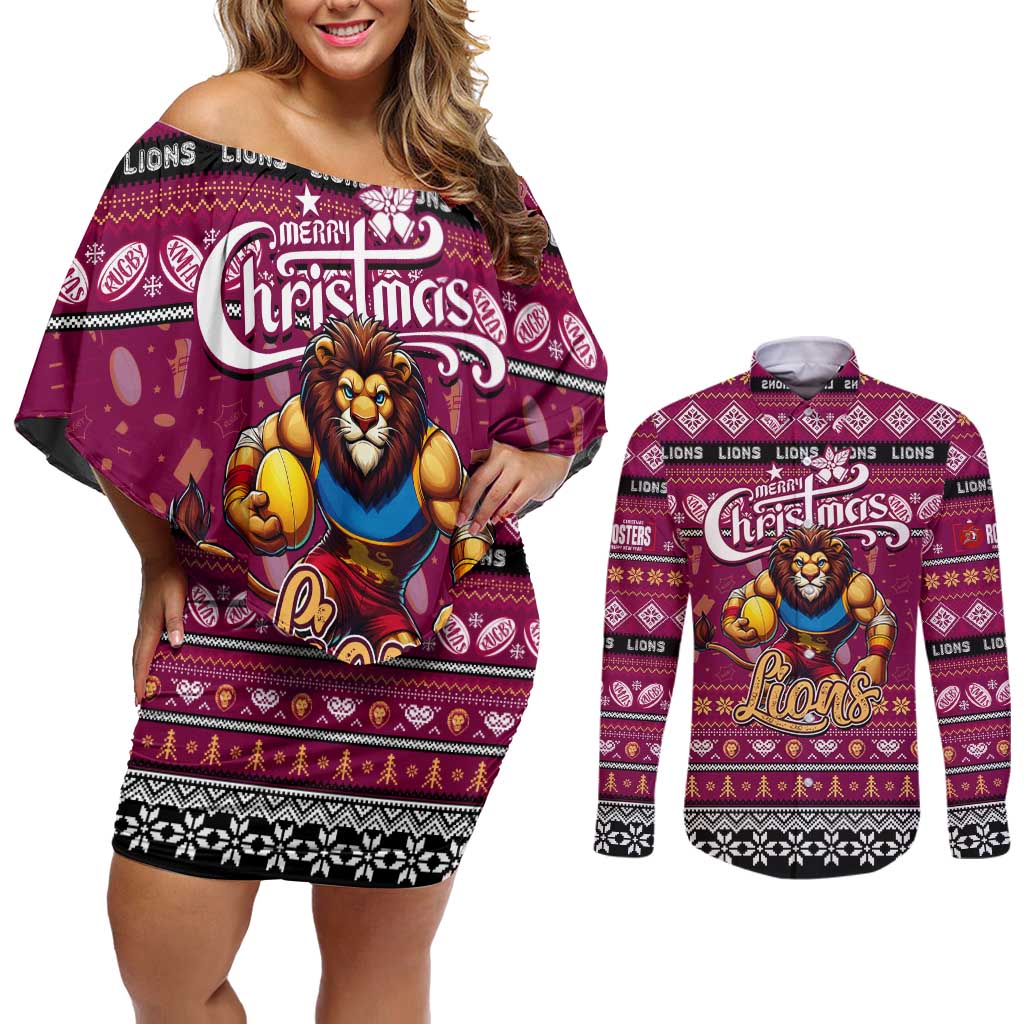 Personalized Lions Rugby Xmas Couples Matching Off Shoulder Short Dress and Long Sleeve Button Shirt Australia AFL Mascot