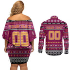 Personalized Lions Rugby Xmas Couples Matching Off Shoulder Short Dress and Long Sleeve Button Shirt Australia AFL Mascot