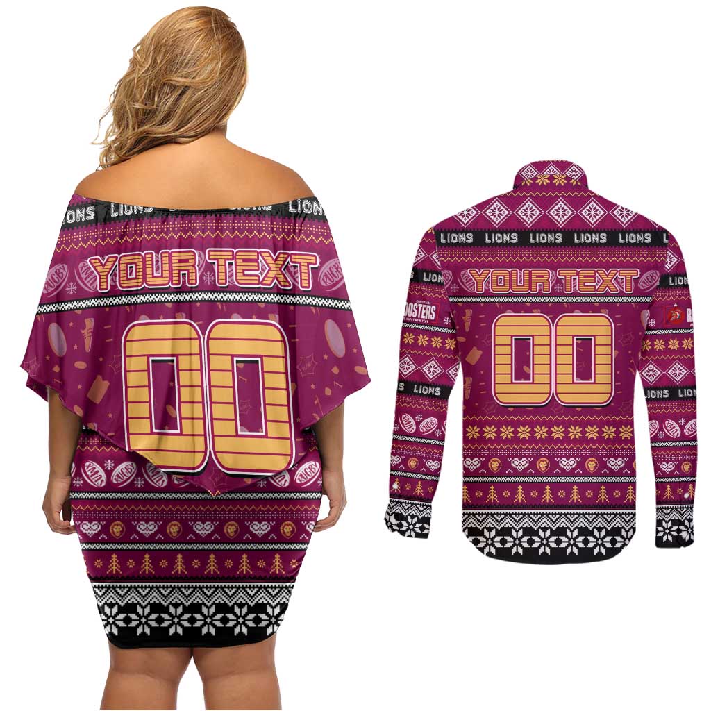 Personalized Lions Rugby Xmas Couples Matching Off Shoulder Short Dress and Long Sleeve Button Shirt Australia AFL Mascot